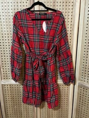 Red Plaid Long Sleeve Tie-Waist Dress Size L